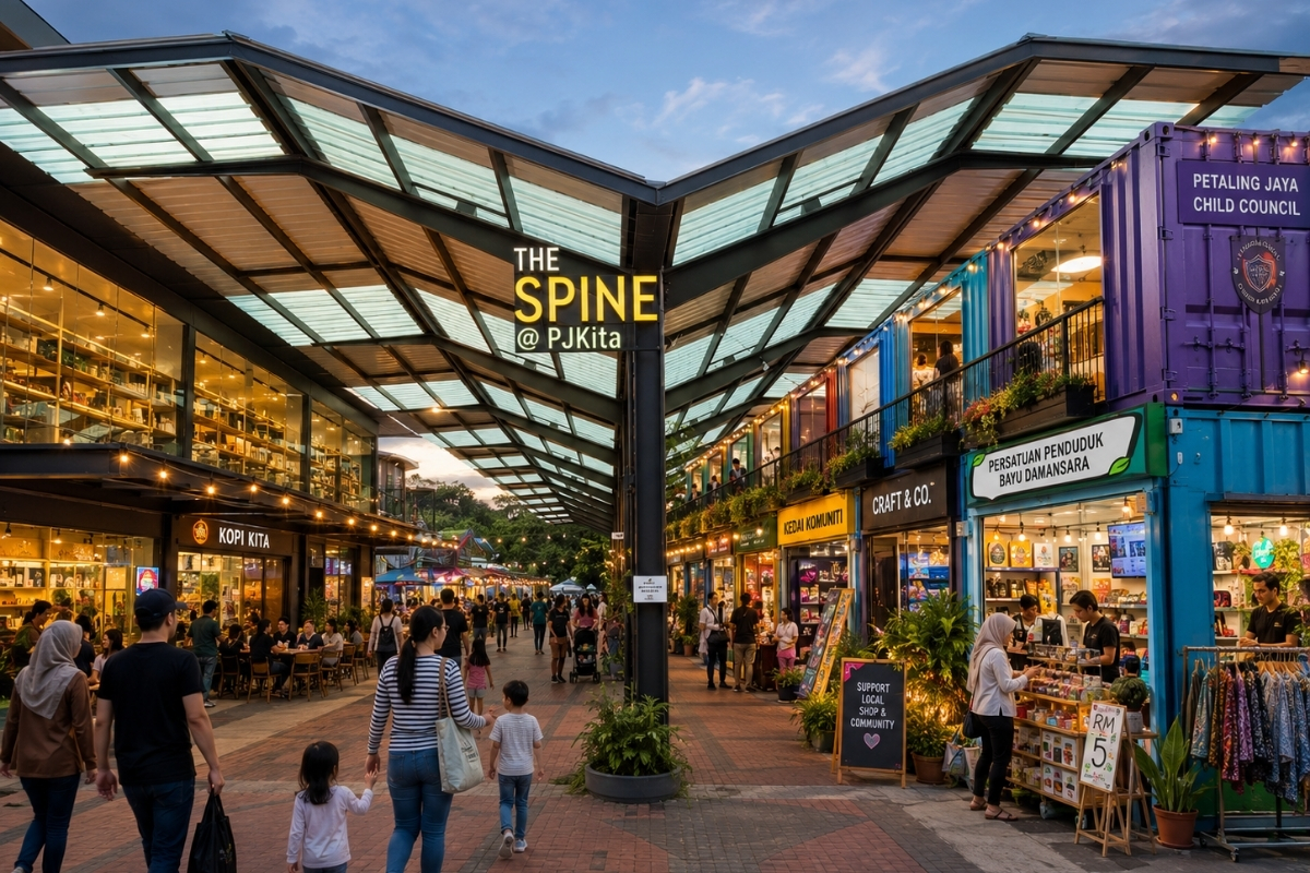 The Spine butterfly roof and sheltered community corridor at PJKita